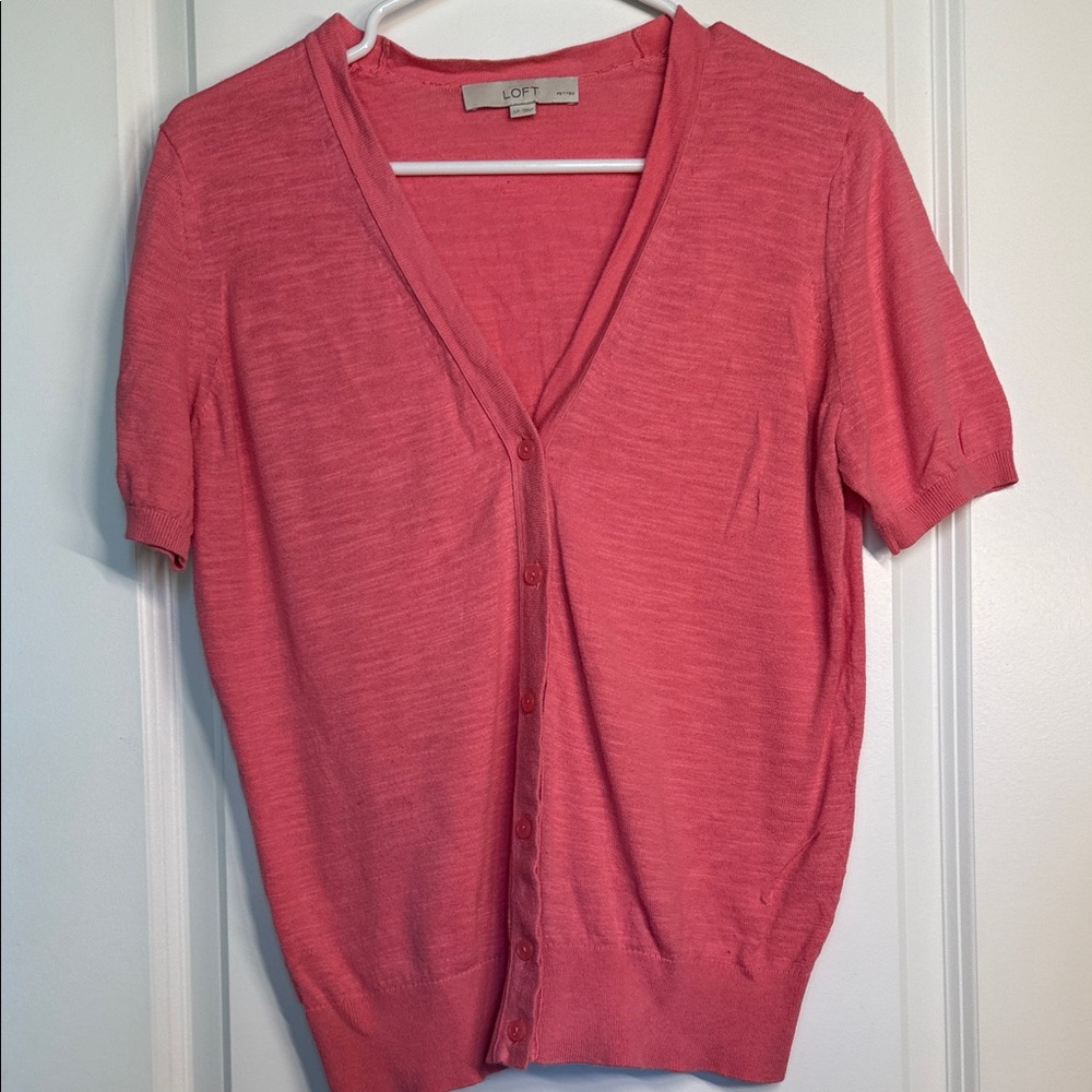 LOFT Coral Short-Sleeve Button Front Cardigan